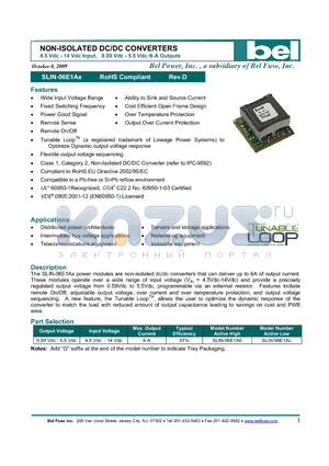 SLIN-06E1A0 datasheet - NON-ISOLATED DC/DC CONVERTERS 4.5 Vdc - 14 Vdc Input, 0.59 Vdc - 5.5 Vdc /6 A Outputs