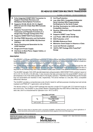 SLK2501 datasheet - OC-48/24/12/3 SONET/SDH MULTIRATE TRANSCEIVER