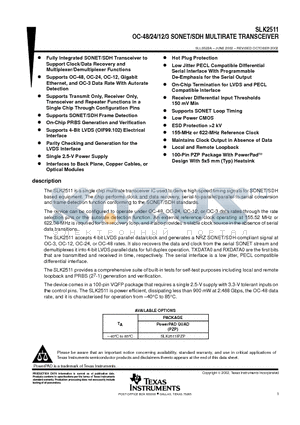 SLK2511 datasheet - OC-48/24/12/3 SONET/SDH MULTIRATE TRANSCEIVER