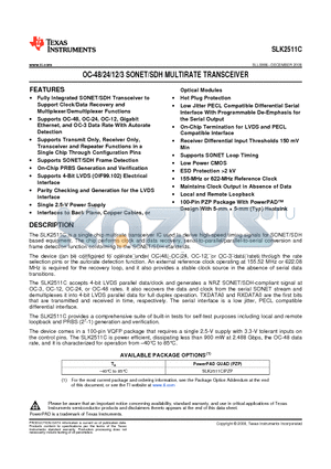 SLK2511C datasheet - OC-48/24/12/3 SONET/SDH MULTIRATE TRANSCEIVER