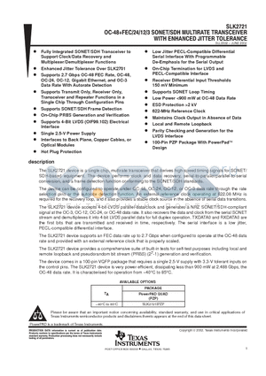 SLK2721 datasheet - OC-48FEC/24/12/3 SONET/SDH MULTIRATE TRANSCEIVER