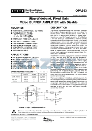 OPA693 datasheet - Ultra-Wideband, Fixed Gain Video BUFFER AMPLIFIER with Disable