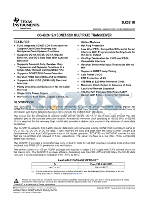 SLK2511B datasheet - OC-48/24/12/3 SONET/SDH MULTIRATE TRANSCEIVER