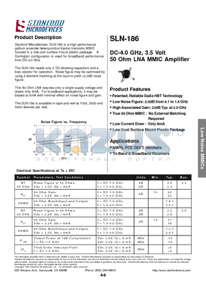 SLN-186 datasheet - DC-4.0 GHz, 3.5 Volt 50 Ohm LNA MMIC Amplifier