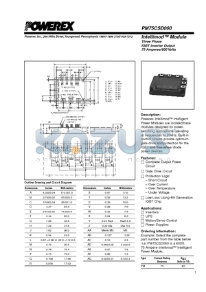 PM75CSD060 datasheet - Intellimod Module Three Phase IGBT Inverter Output (75 Amperes/600 Volts)