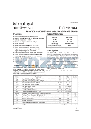 RIC7113A4 datasheet - RADIATION HARDENED HIGH AND LOW SIDE GATE DRIVER