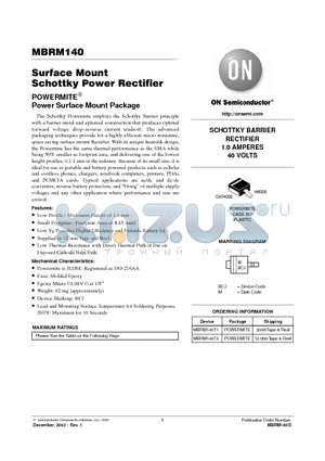 MBRM140T3 datasheet - Surface Mount Schottky Power Rectifier