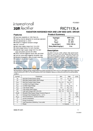 RIC7113L4 datasheet - RADIATION HARDENED HIGH AND LOW SIDE GATE DRIVER