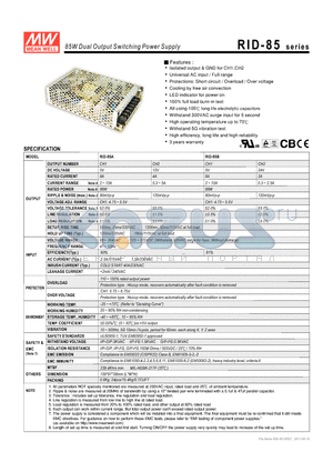 RID-85B datasheet - 85W Dual Output Switching Power Supply