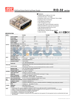 RID-50B datasheet - 50W Dual Output Switching Power Supply