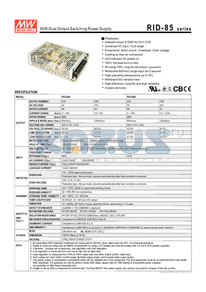 RID-85B datasheet - 85W Dual Output Switching Power Supply
