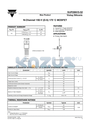 SUP28N15-52 datasheet - N-Channel 150-V (D-S) 175 C MOSFET