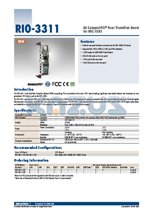 RIO-3311 datasheet - 6U CompactPCI^ Rear Transition Board for MIC-3393