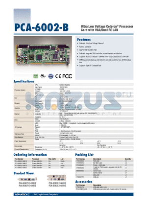 PCA-6002VE-00B1E datasheet - Ultra Low Voltage Celeron^ Processor Card with VGA/Dual FE LAN