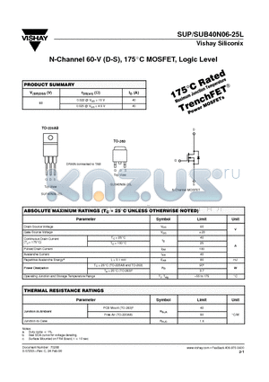 SUP40N06-25L datasheet - N-Channel 60-V (D-S), 175 Degrees Celcious MOSFET, Logic Level