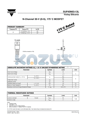 SUP45N03-13L datasheet - N-Channel 30-V (D-S), 175C MOSFET