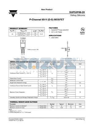 SUP53P06-20-E3 datasheet - P-Channel 60-V (D-S) MOSFET