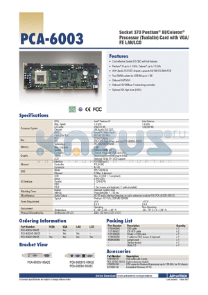 PCA-6003 datasheet - Socket 370 Pentium^ III/Celeron^ Processor (Tualatin) Card with VGA/FE LAN/LCD