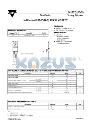 SUP57N20-33 datasheet - N-Channel 200-V (D-S) 175C MOSFET