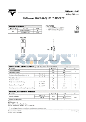 SUP40N10-30-E3 datasheet - N-Channel 100-V (D-S) 175 `C MOSFET