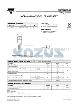 SUP57N20-33-E3 datasheet - N-Channel 200-V (D-S) 175 `C MOSFET