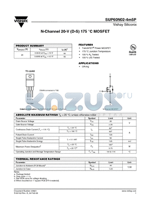 SUP60N02-4M5P-E3 datasheet - N-Channel 20-V (D-S) 175 `C MOSFET