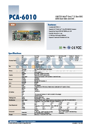 PCA-6010 datasheet - LGA775 Intel^ Core 2 Duo SBC with Dual GbE and DVI