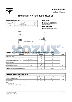 SUP60N10-16L datasheet - N-Channel 100-V (D-S) 175 Degree Celcious MOSFET