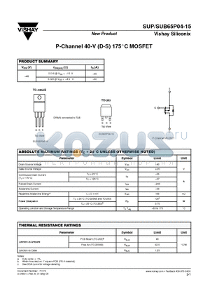SUP65P04-15 datasheet - P-Channel 40-V (D-S) 175C MOSFET