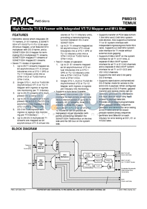 PM8315 datasheet - High Density T1/E1 Framer with Integrated VT/TU Mapper and M13 Mux