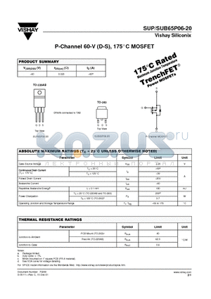SUP65P06-20 datasheet - P-Channel 60-V (D-S), 175C MOSFET