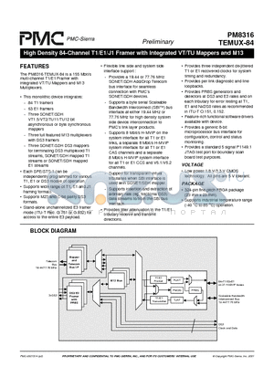 PM8316 datasheet - High Density 84-Channel T1/E1/J1 Framer with Integrated VT/TU Mappers and M13