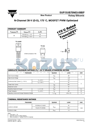 SUP70N03-09BP datasheet - N-Channel 30-V (D-S), 175C, MOSFET PWM Optimized