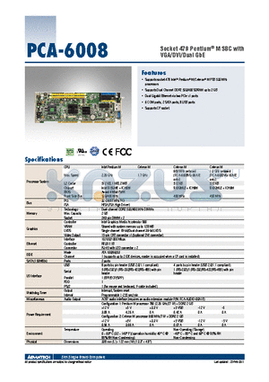 PCA-6008_11 datasheet - Socket 479 Pentium^ M SBC with VGA/DVI/Dual GbE