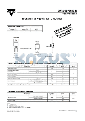 SUP75N08-10 datasheet - N-Channel 75-V (D-S), 175 Degrees Celcious MOSFET