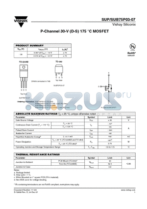 SUP75P03-07 datasheet - P-Channel 30-V (D-S) 175 `C MOSFET