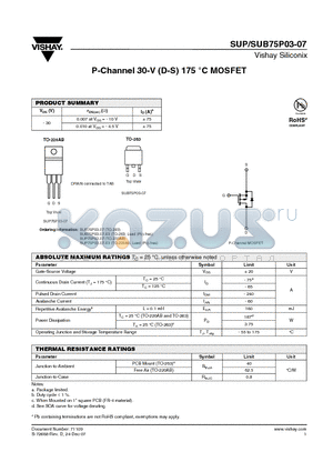 SUP75P03-07-E3 datasheet - P-Channel 30-V (D-S) 175 `C MOSFET