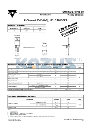 SUP75P05-08 datasheet - P-Channel 55-V (D-S), 175C MOSFET