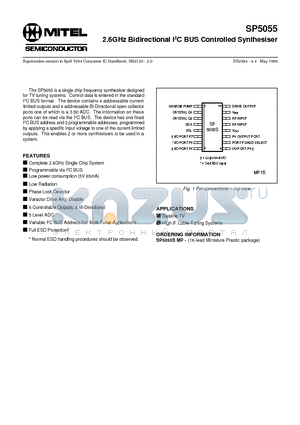 SP5055SMP datasheet - 2.6GHz Bidirectional I2C BUS Controlled Synthesiser