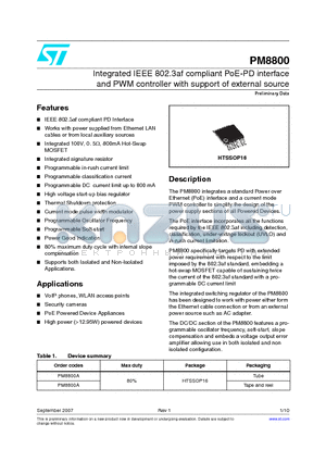 PM8800 datasheet - Integrated IEEE 802.3af compliant PoE-PD interface and PWM controller with support of external source