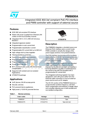 PM8800ATR datasheet - Integrated IEEE 802.3af compliant PoE-PD interface and PWM controller with support of external source