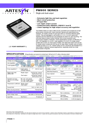 PM901 datasheet - Single and dual output 5 to 6 Watt Nominal input DC/DC converters