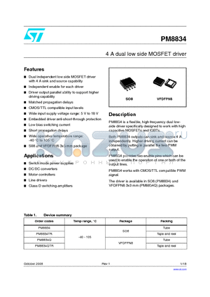 PM8834 datasheet - 4 A dual low side MOSFET driver