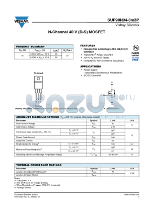 SUP90N04-3M3P datasheet - N-Channel 40 V (D-S) MOSFET