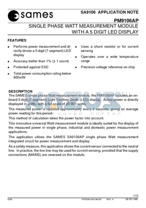 PM9106APA datasheet - SINGLE PHASE WATT MEASUREMENT MODULE WITH A 5 DIGIT LED DISPLAY