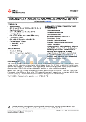 OPA820-HT datasheet - UNITY-GAIN STABLE, LOW-NOISE, VOLTAGE-FEEDBACK OPERATIONAL AMPLIFIER