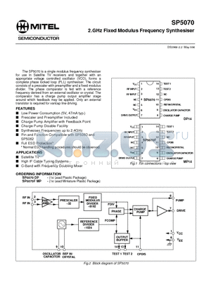 SP5070 datasheet - 2.GHz Fixed Modulus Frequency Synthesiser