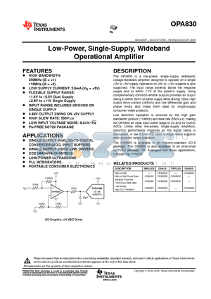 OPA830 datasheet - Low-Power, Single-Supply, Wideband Operational Amplifier