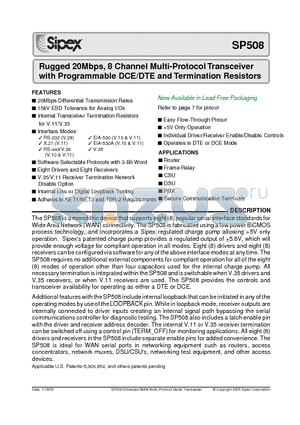 SP508 datasheet - Rugged 20Mbps, 8 Channel Multi-Protocol Transceiver with Programmable DCE/DTE and Termination Resistors