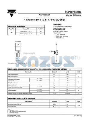 SUP90P06-09L datasheet - P-Channel 60-V (D-S) 175C MOSFET